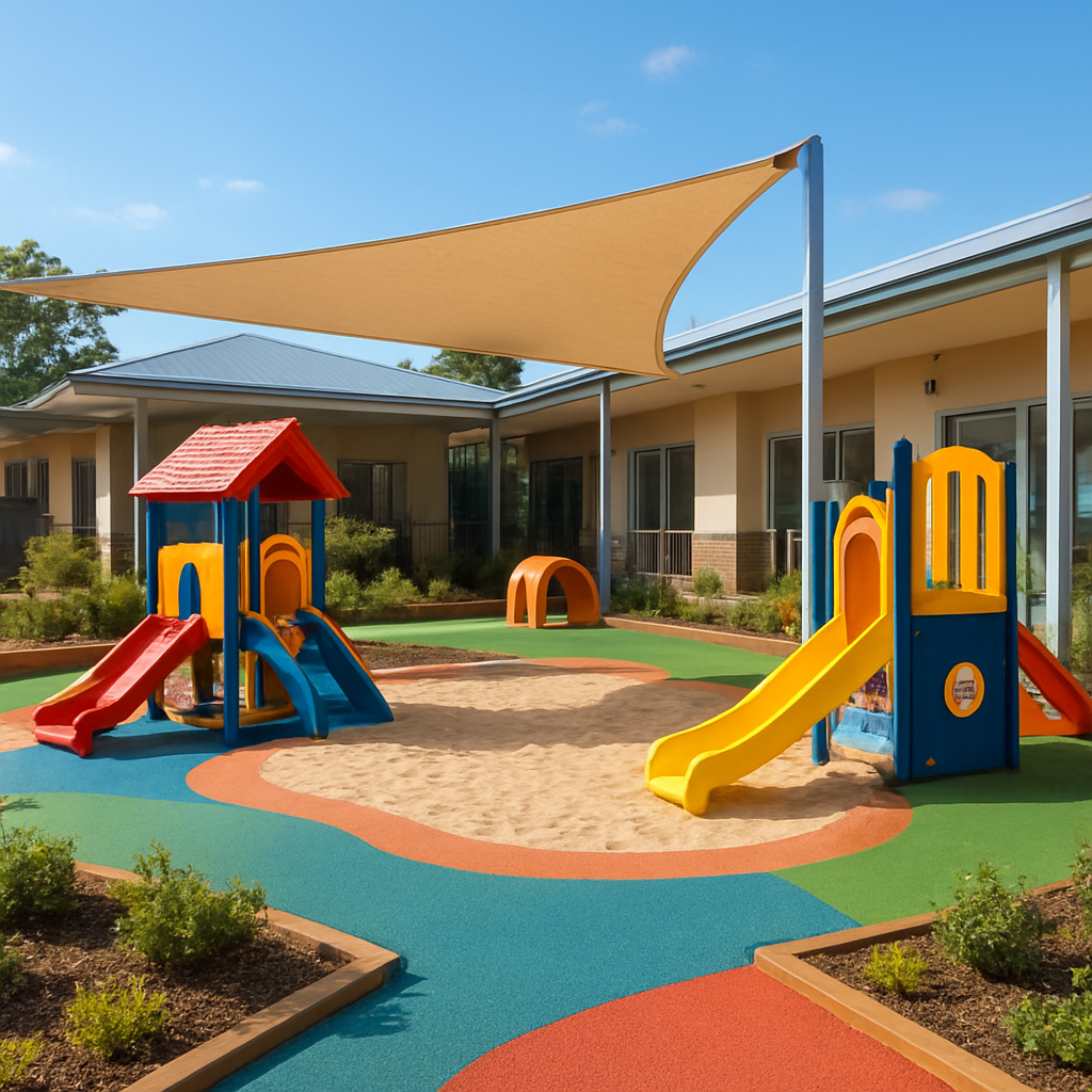 Outdoor play area at Honey Tots Preschool & Long Day Care in Marayong with colourful equipment and garden