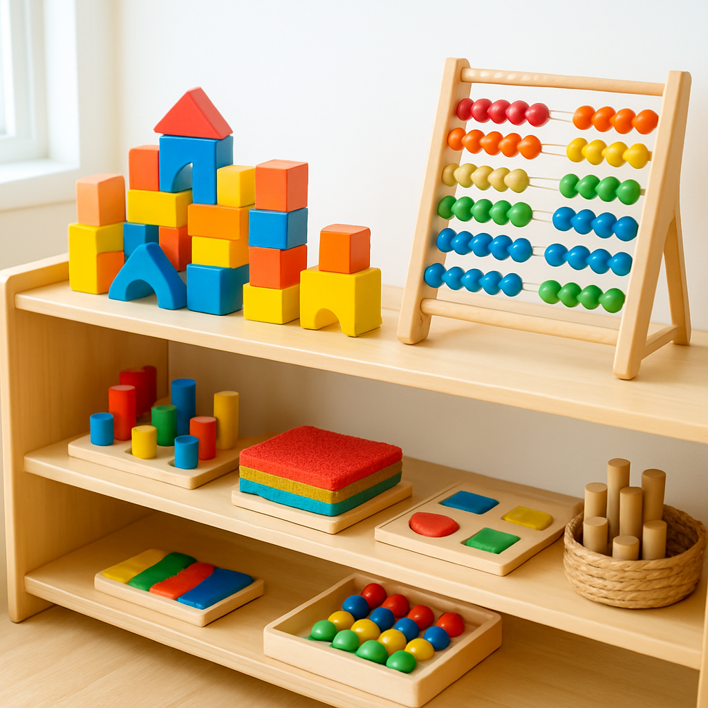 Colourful educational learning materials and toys arranged for EYLF-aligned preschool activities